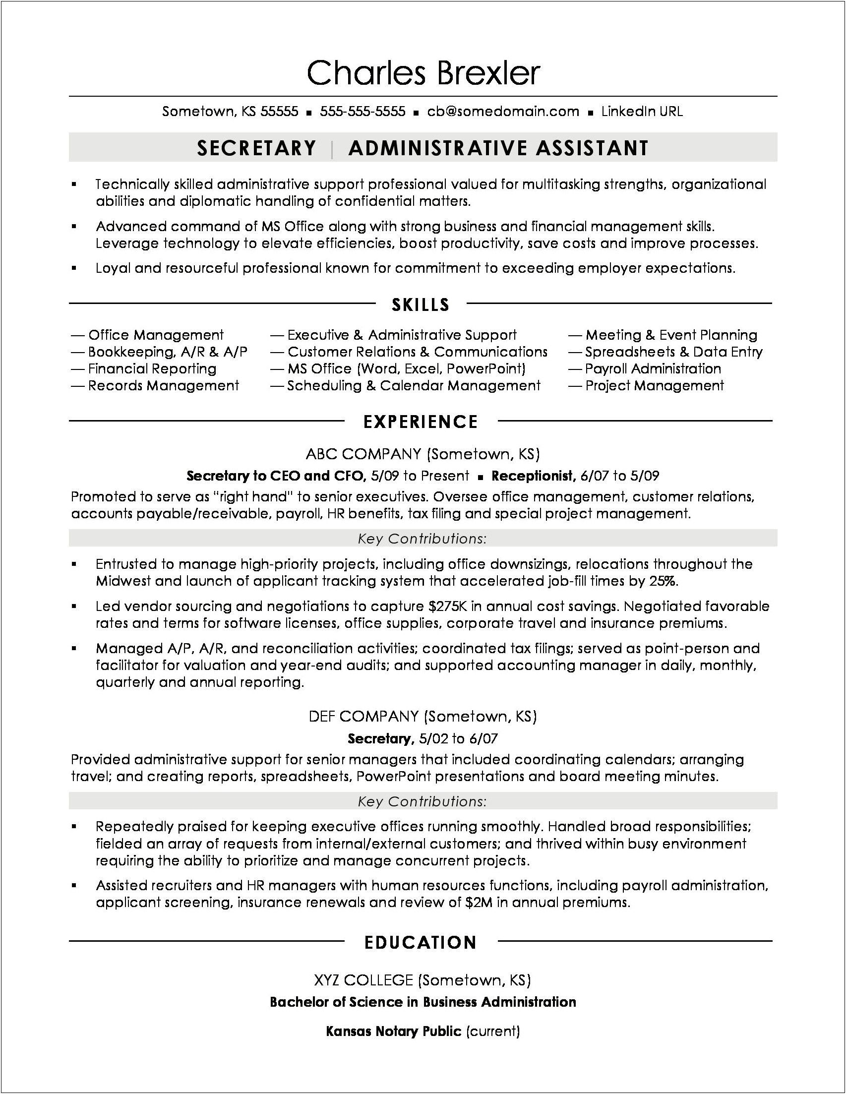 Examples Of Professional Resumes For Administrative Assistants