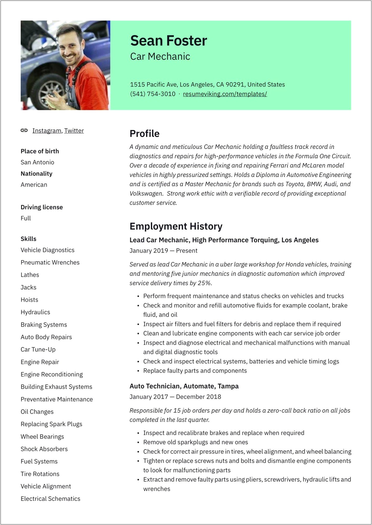 Examples Of Professional Resumes For Fleet Mechanic Lead