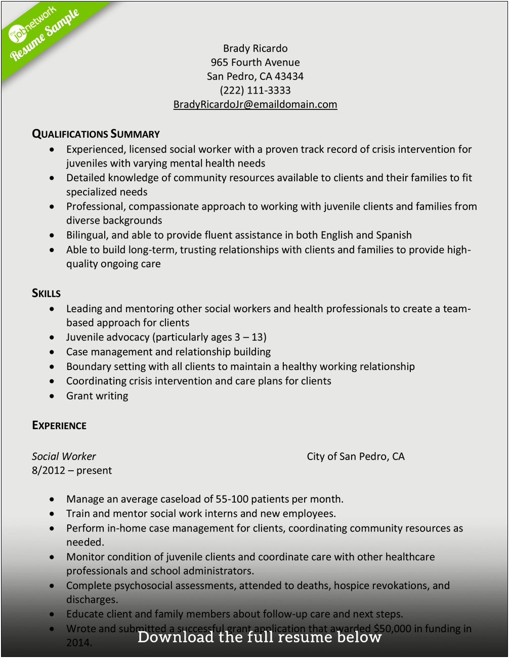 Examples Of Professional Resumes For Social Workers