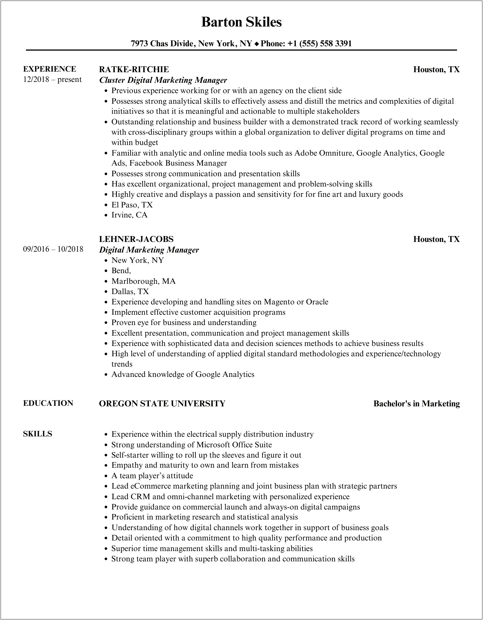 Examples Of Remote Marketing Manager Resume