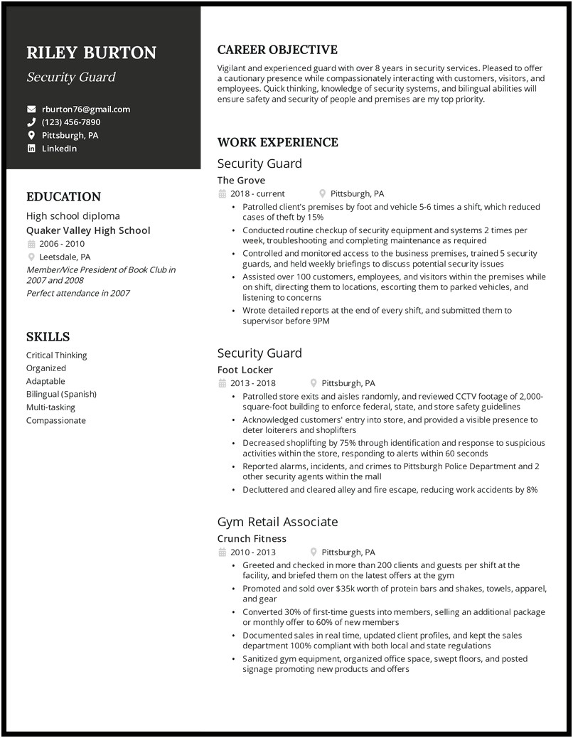 Examples Of Resume For Security Officer