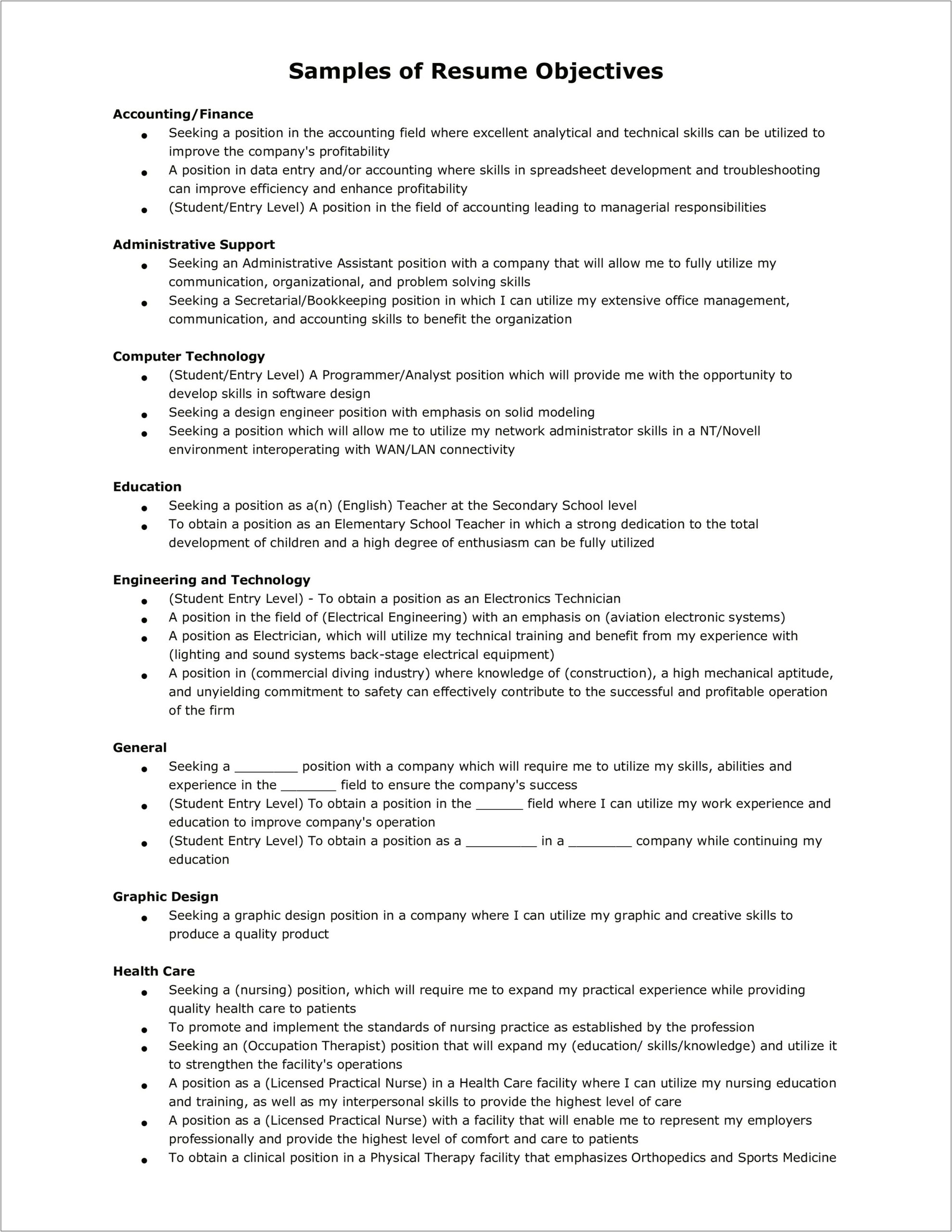 Examples Of Resume Objectives For Entry Level Jobs
