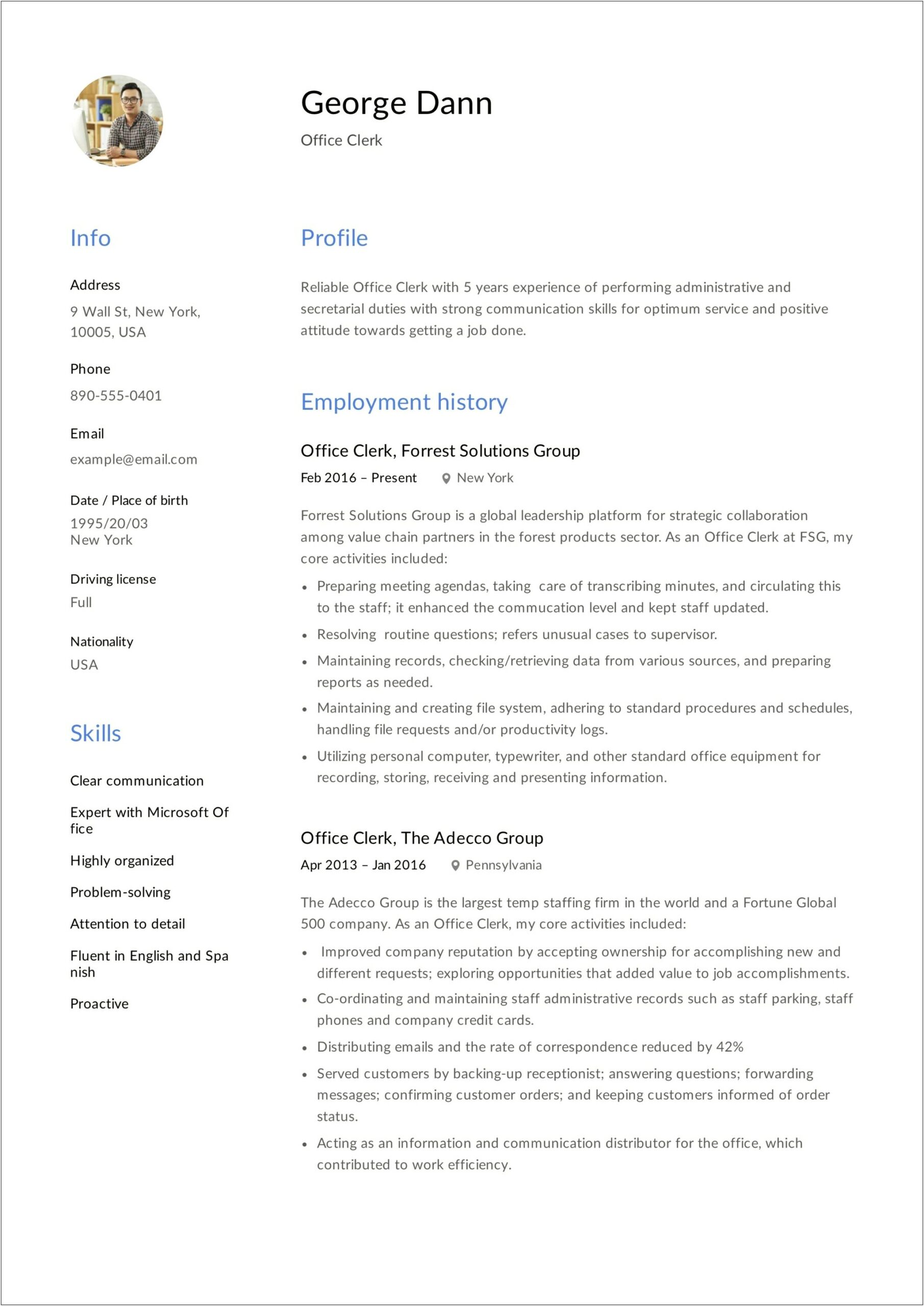 Examples Of Resume Summaries Clerical Position