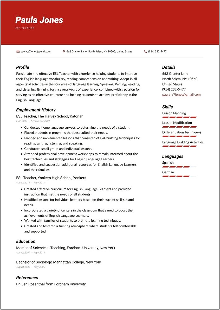 Examples Of Resume Summaries For English Teachers