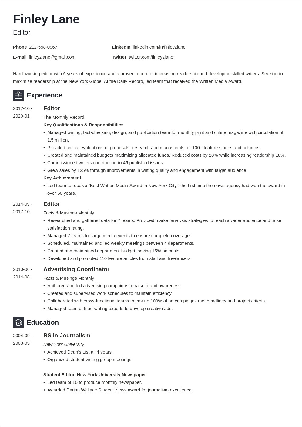 Examples Of Resume Summary For Editors