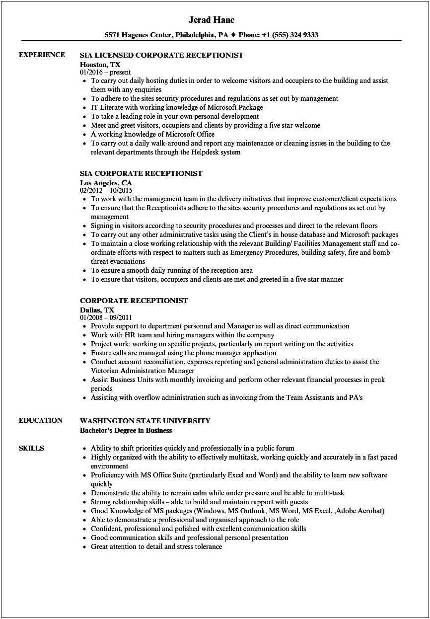 Examples Of Resume Summary For Receptionist