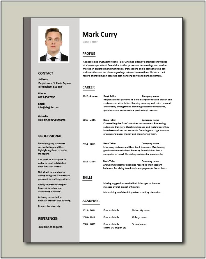Examples Of Resumes For Bank Teller Position