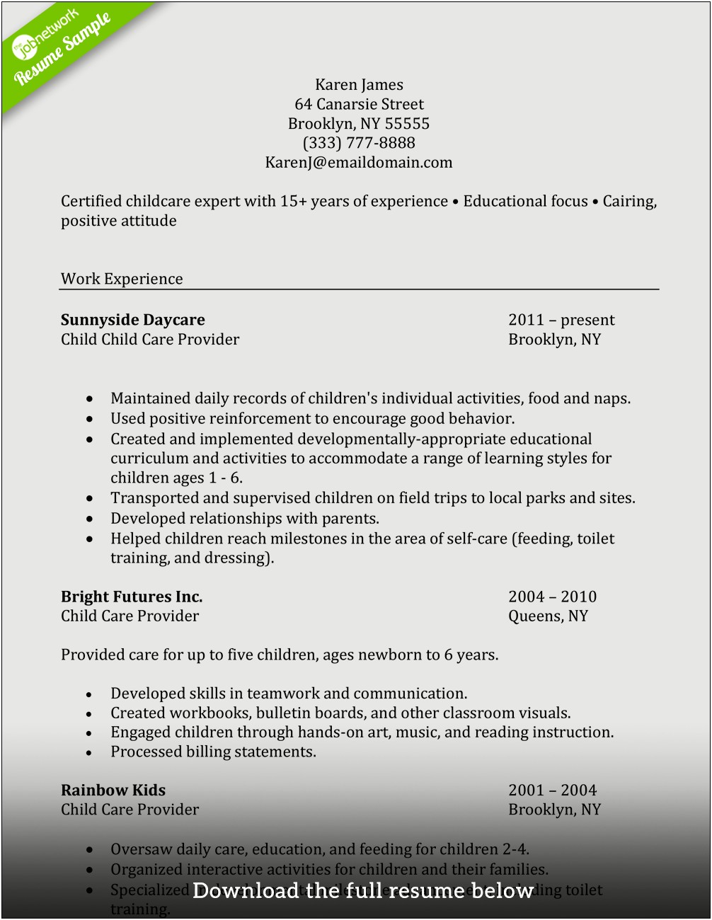 Examples Of Resumes For Daycare Workers