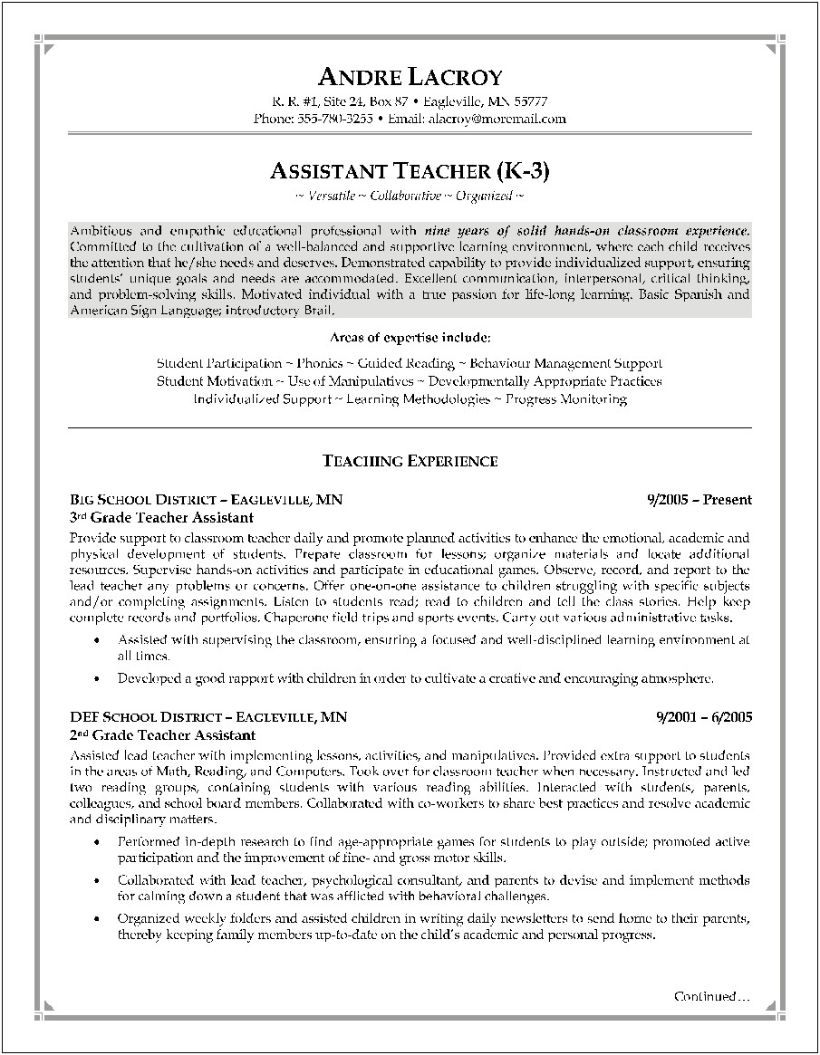 Examples Of Resumes For Educational Assistants