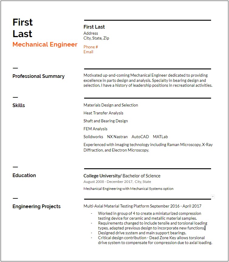 Examples Of Resumes For Engineering No Experience