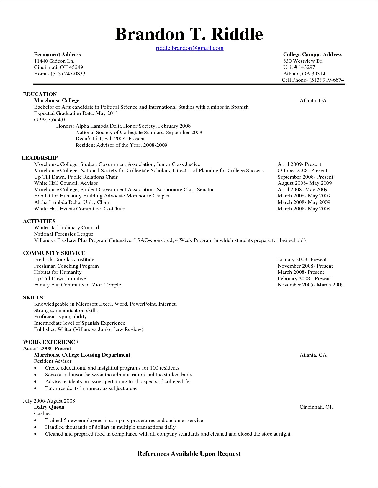 Examples Of Resumes For First Year College Students
