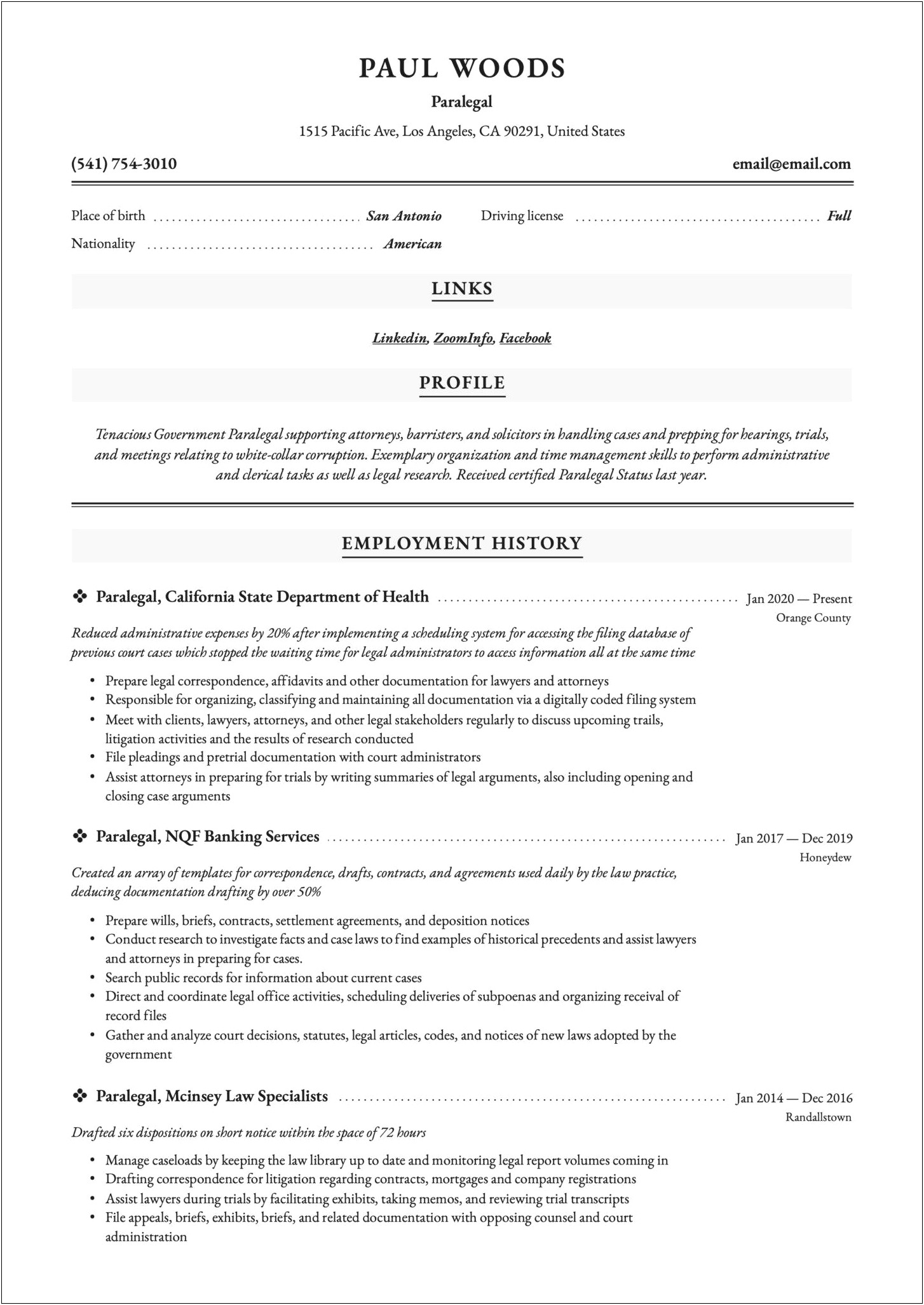 Examples Of Resumes For Legal Assistants