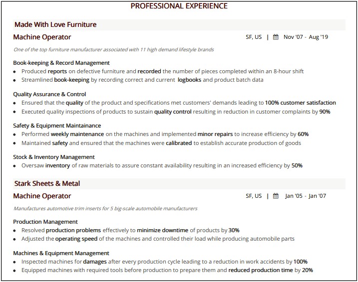 Examples Of Resumes For Machine Operator