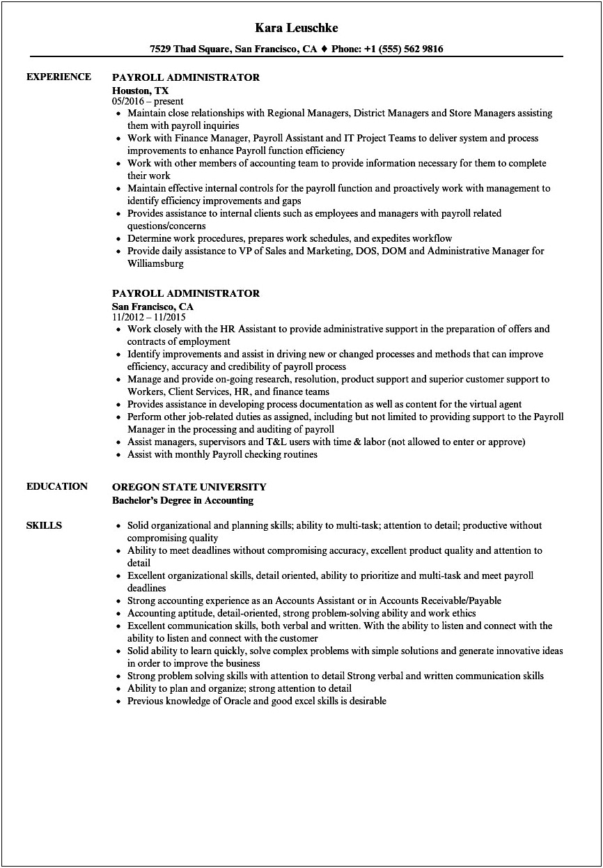 Examples Of Resumes For Payroll Positions