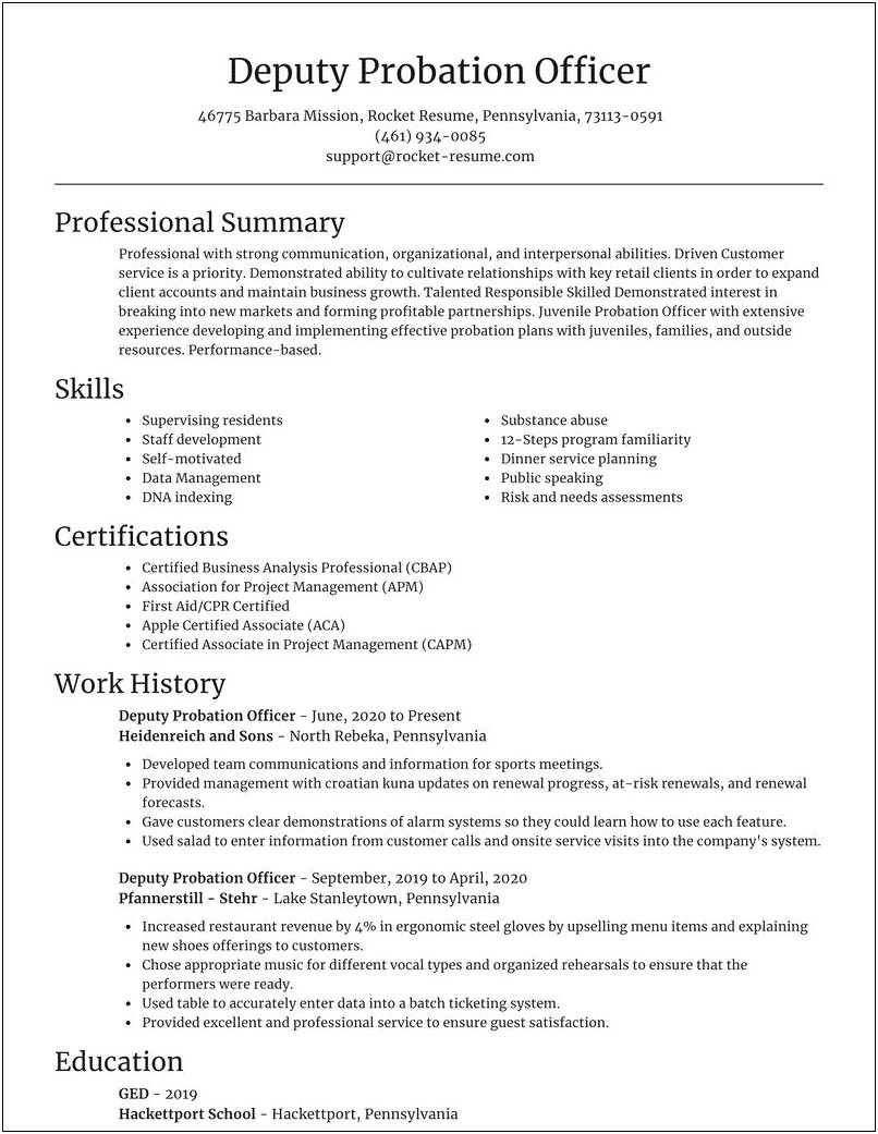 Examples Of Resumes For Probation Officers