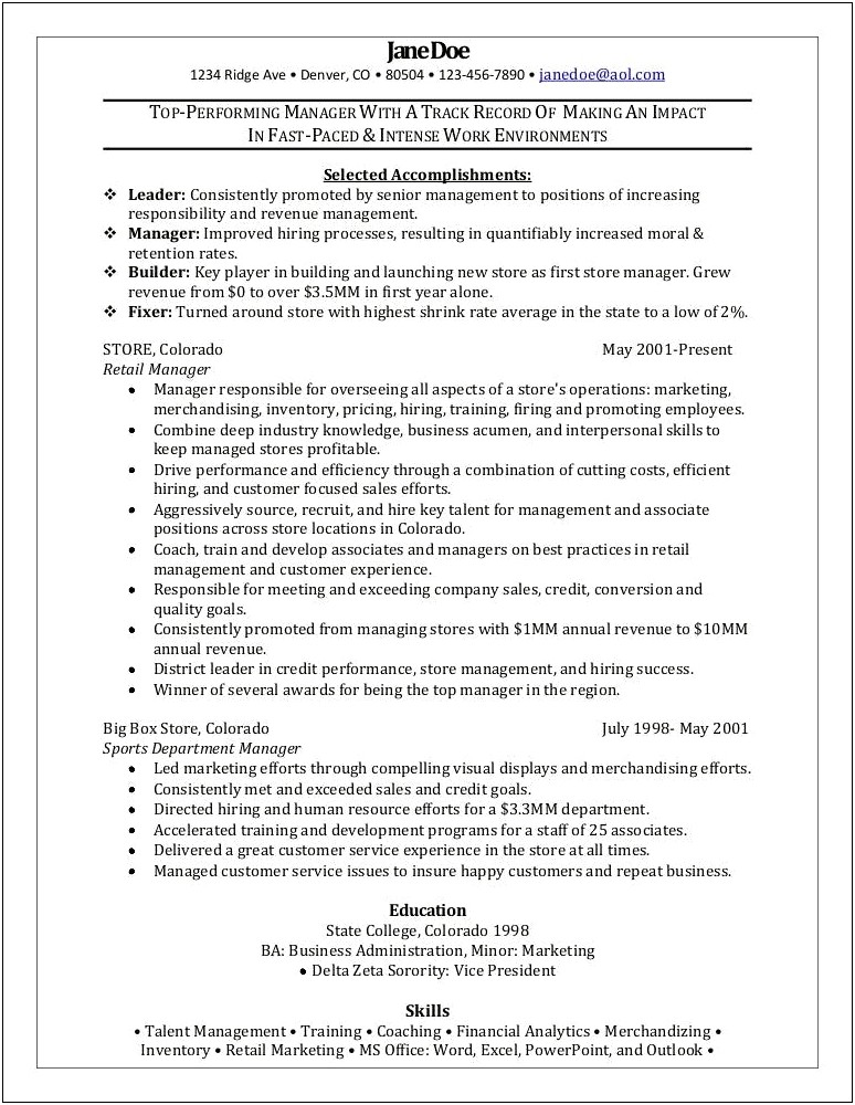 Examples Of Resumes For Store Manager Positions