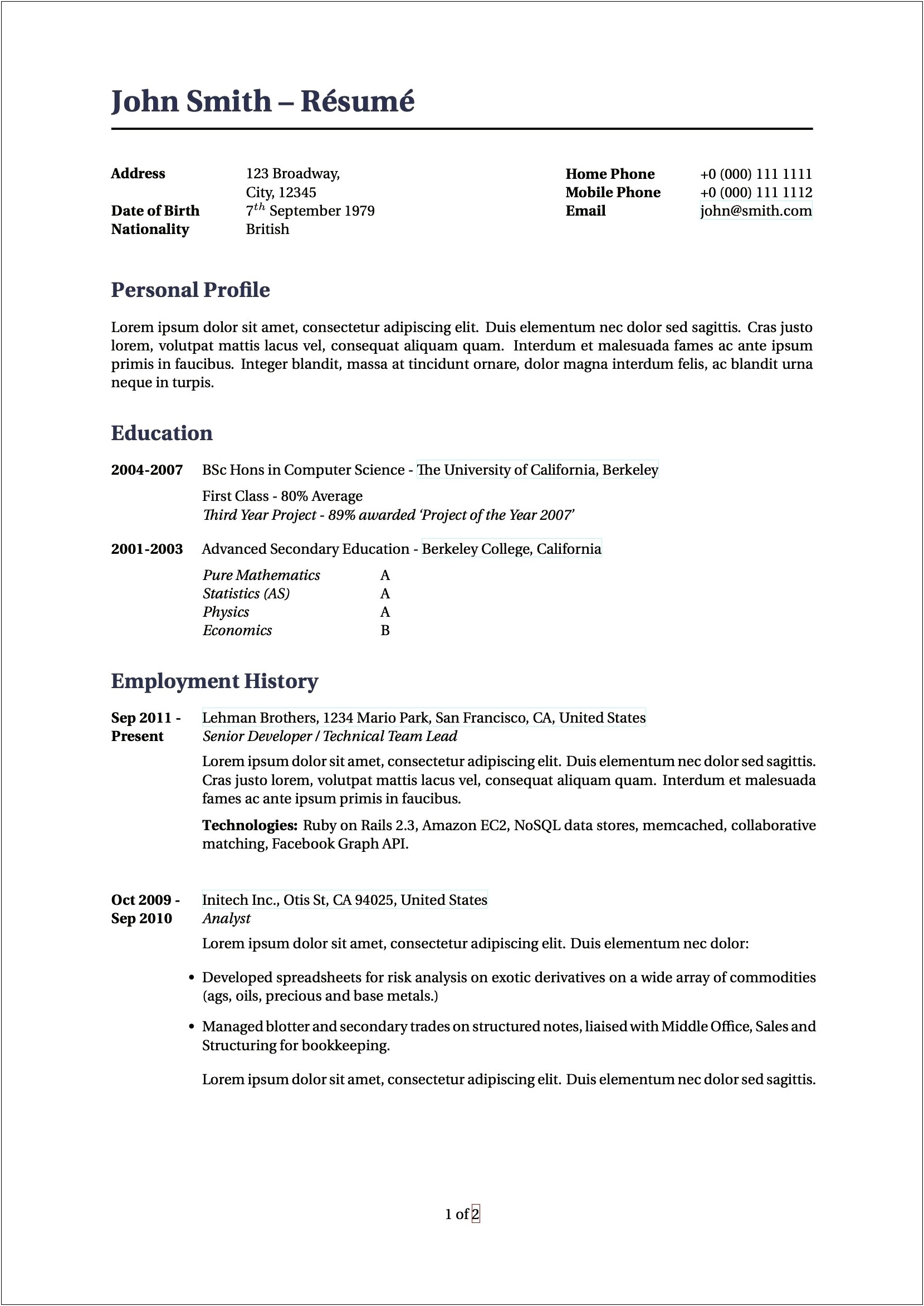 Examples Of Resumes For Undergraduate Student