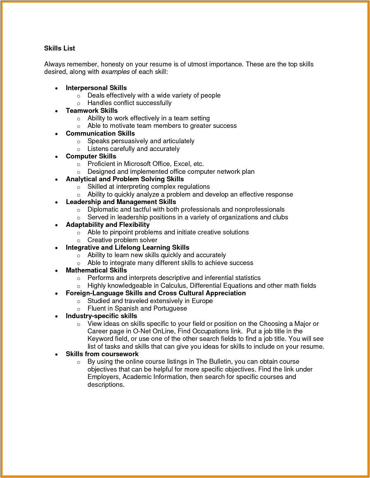 Examples Of Skills Listed On A Resume