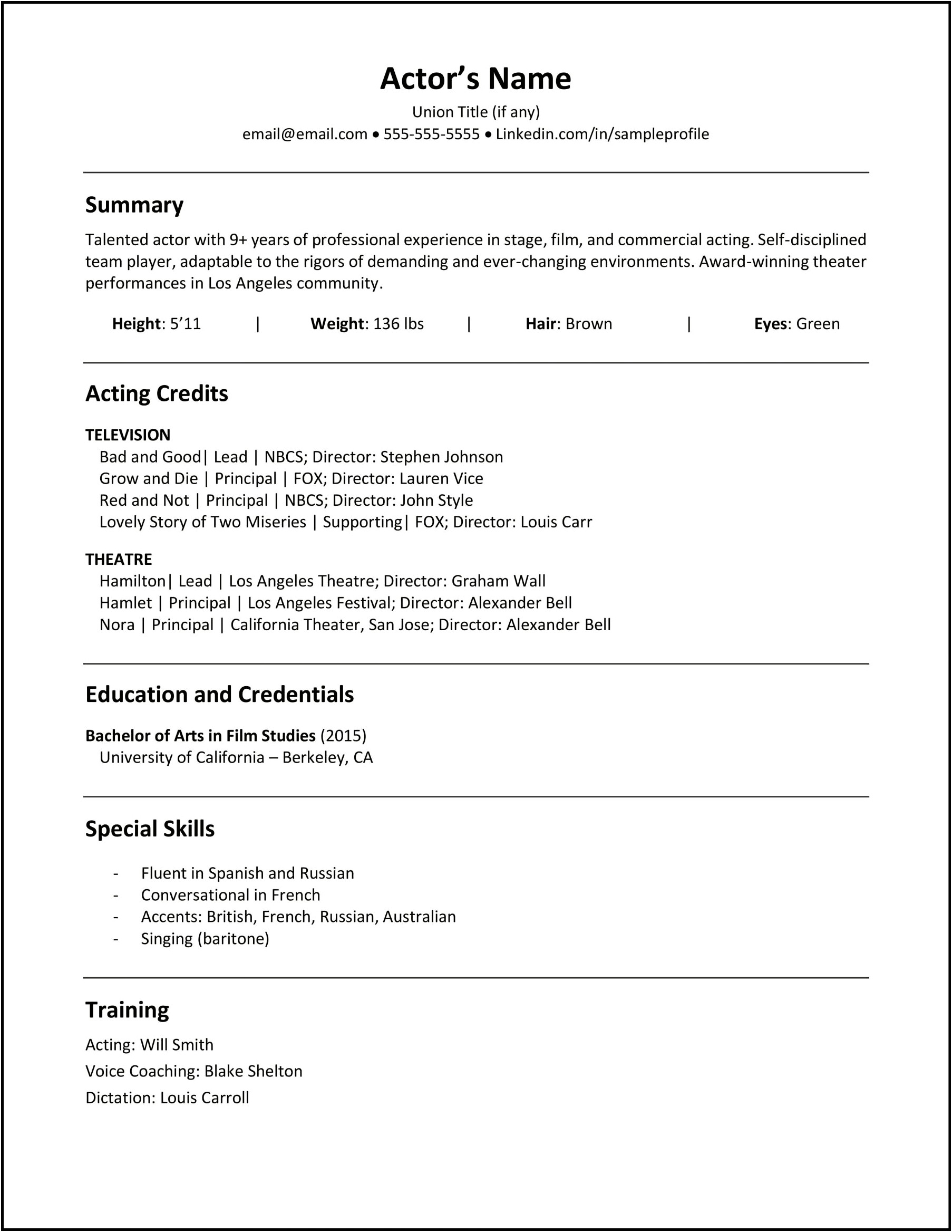 Examples Of Special Skills On Acting Resume