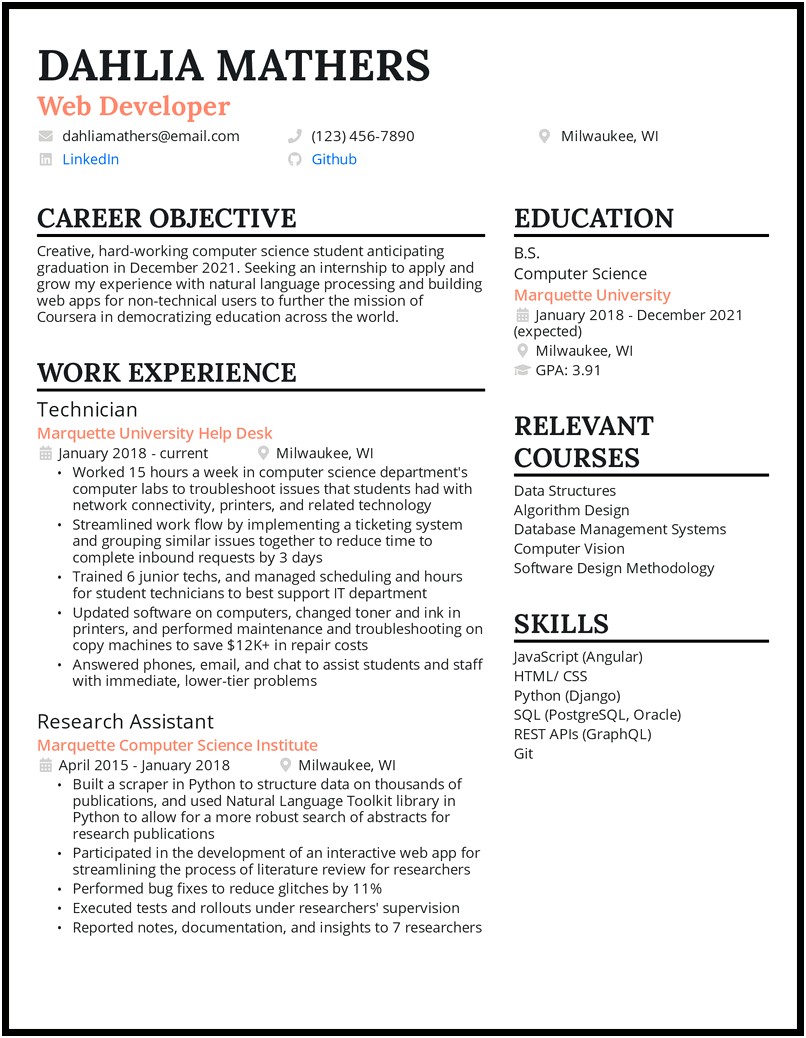 Examples Of Student Resumes For Internships