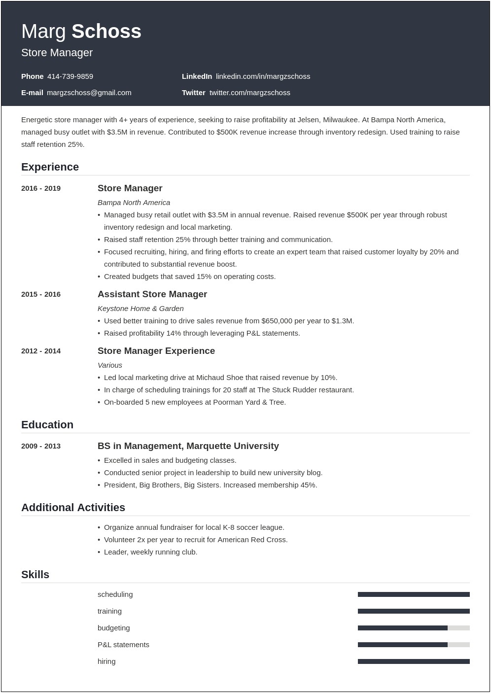 Examples Of Summary Statement On Resume Retail Manager