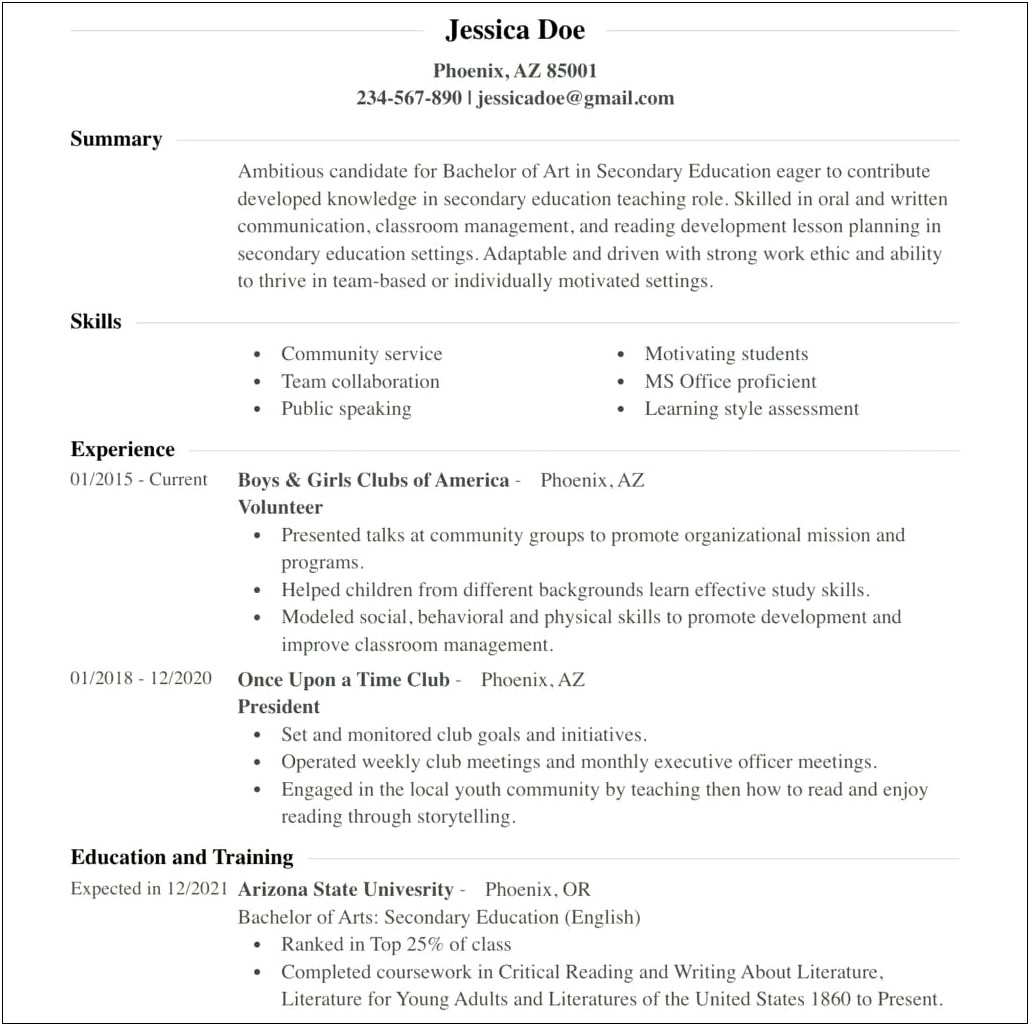 Examples Of Teen Resume With No Experience