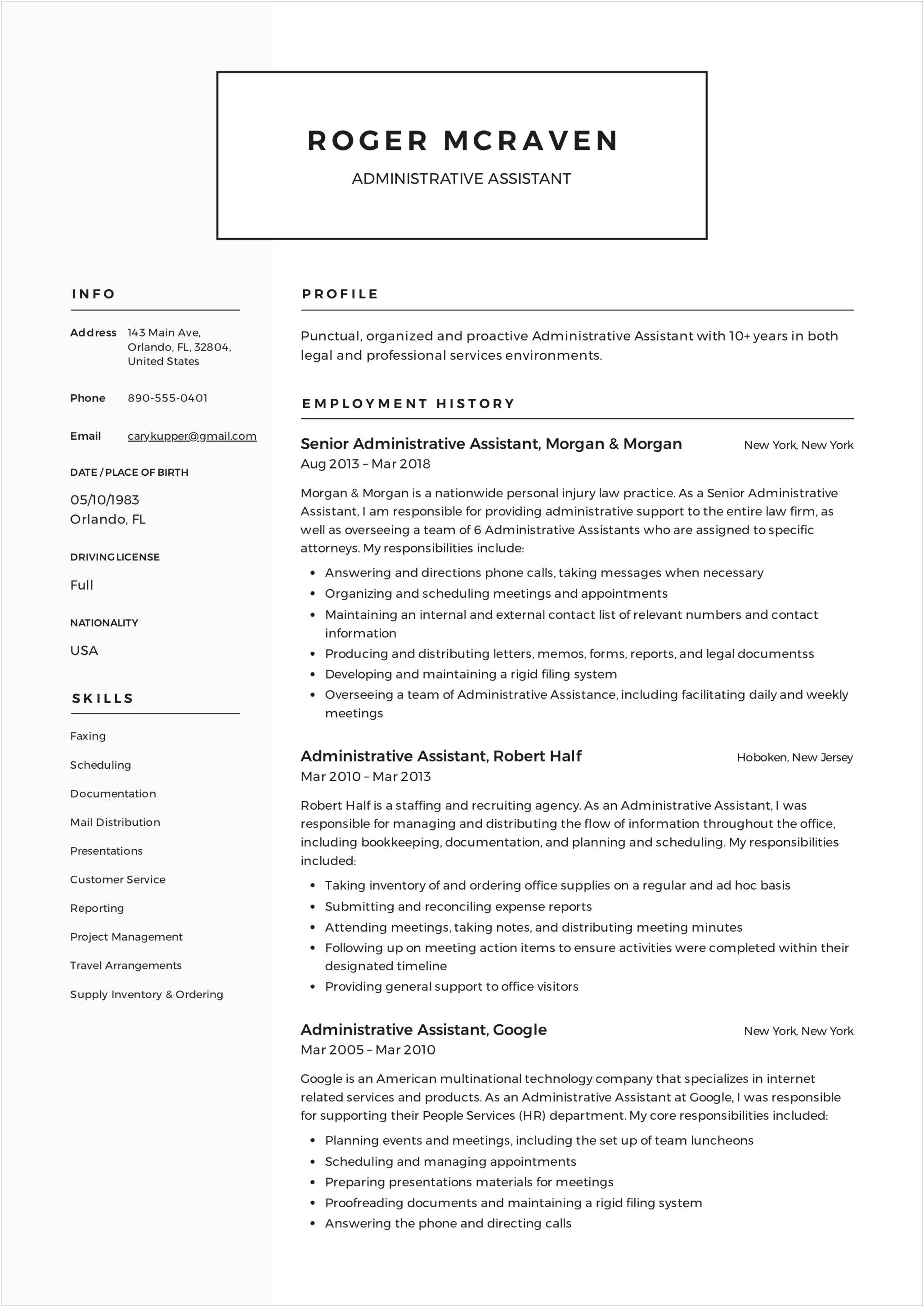 Executive Administrative Assistant Resume Word Template To Download