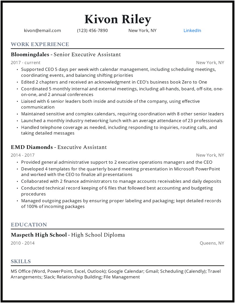 Executive Assistant To General Manager Resume