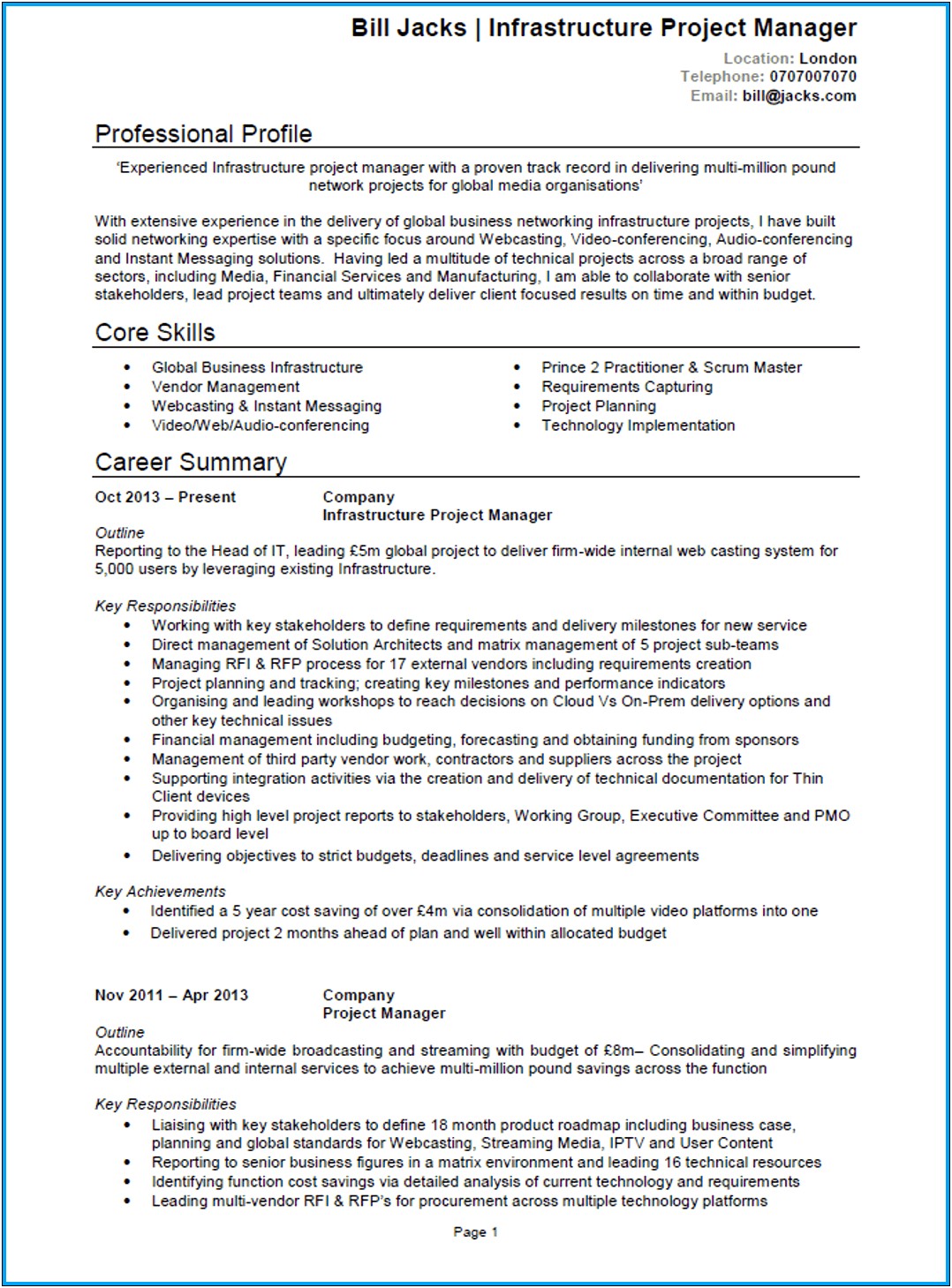 Executive Summary For Project Management Resume