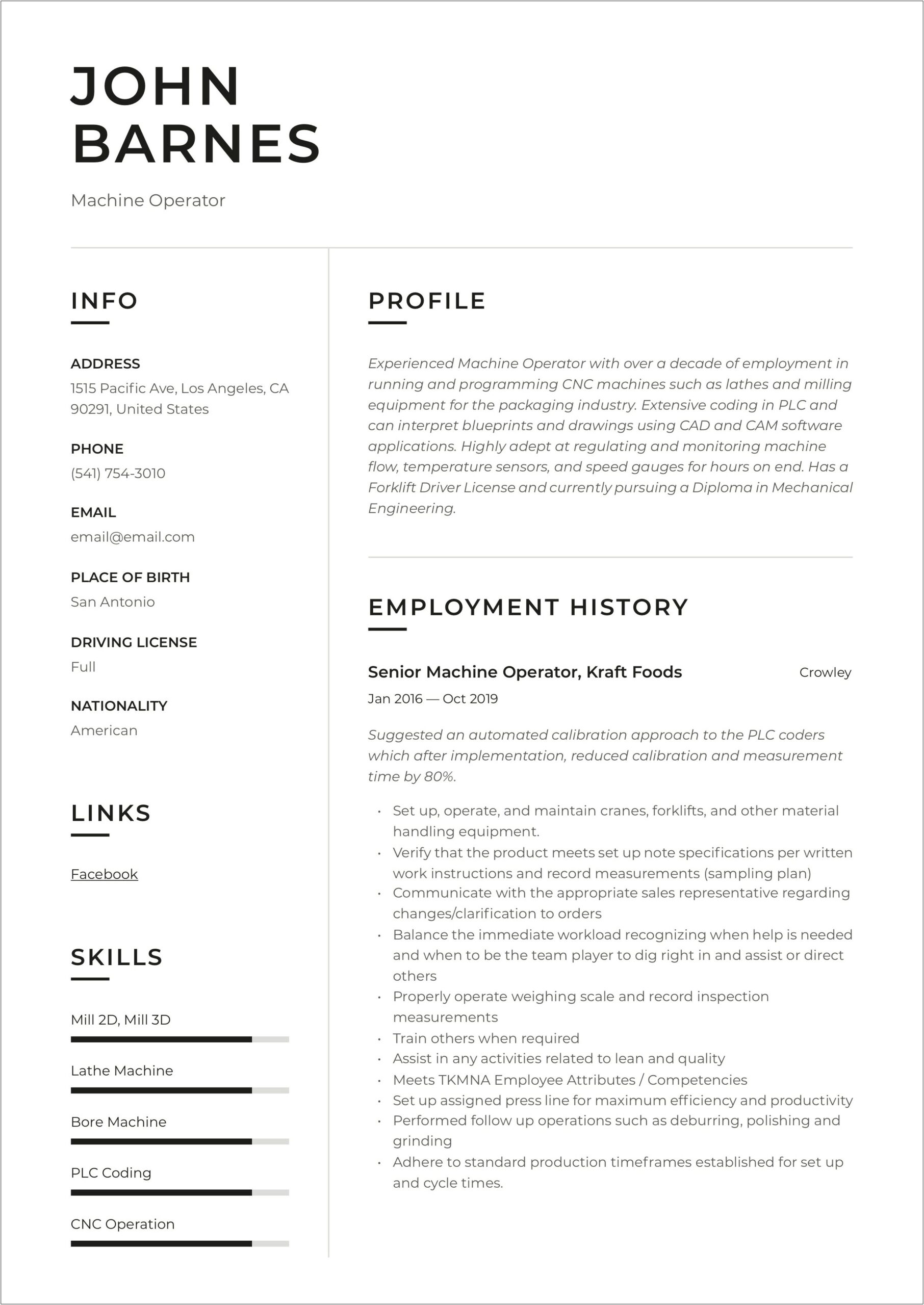 Exemple Of Resume Summary For Machine Operator