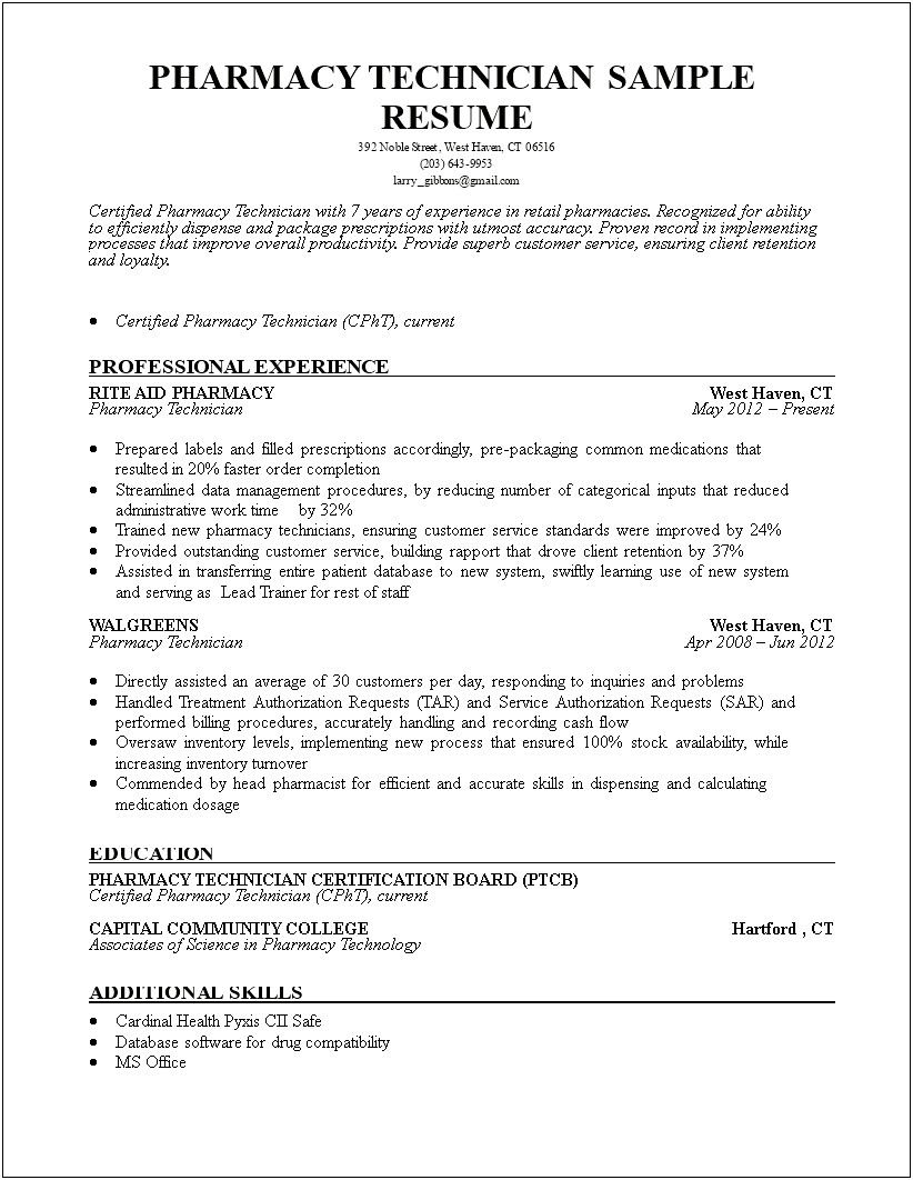 Experience Examples On A Pharmacy Technician Resume