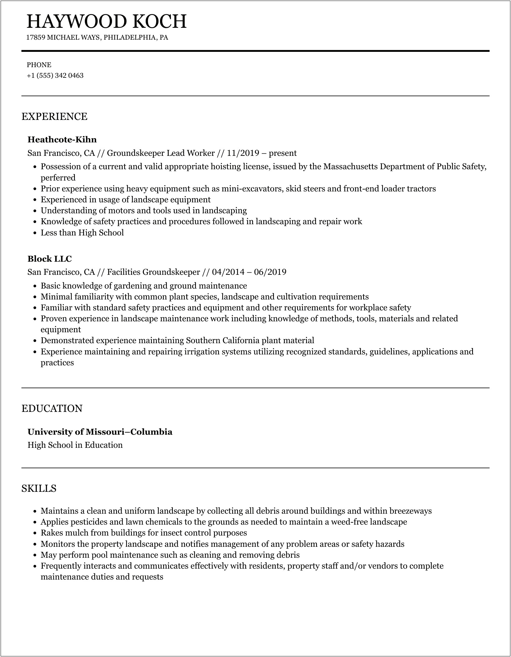 Experience Examples Resume For Grounds Keeper