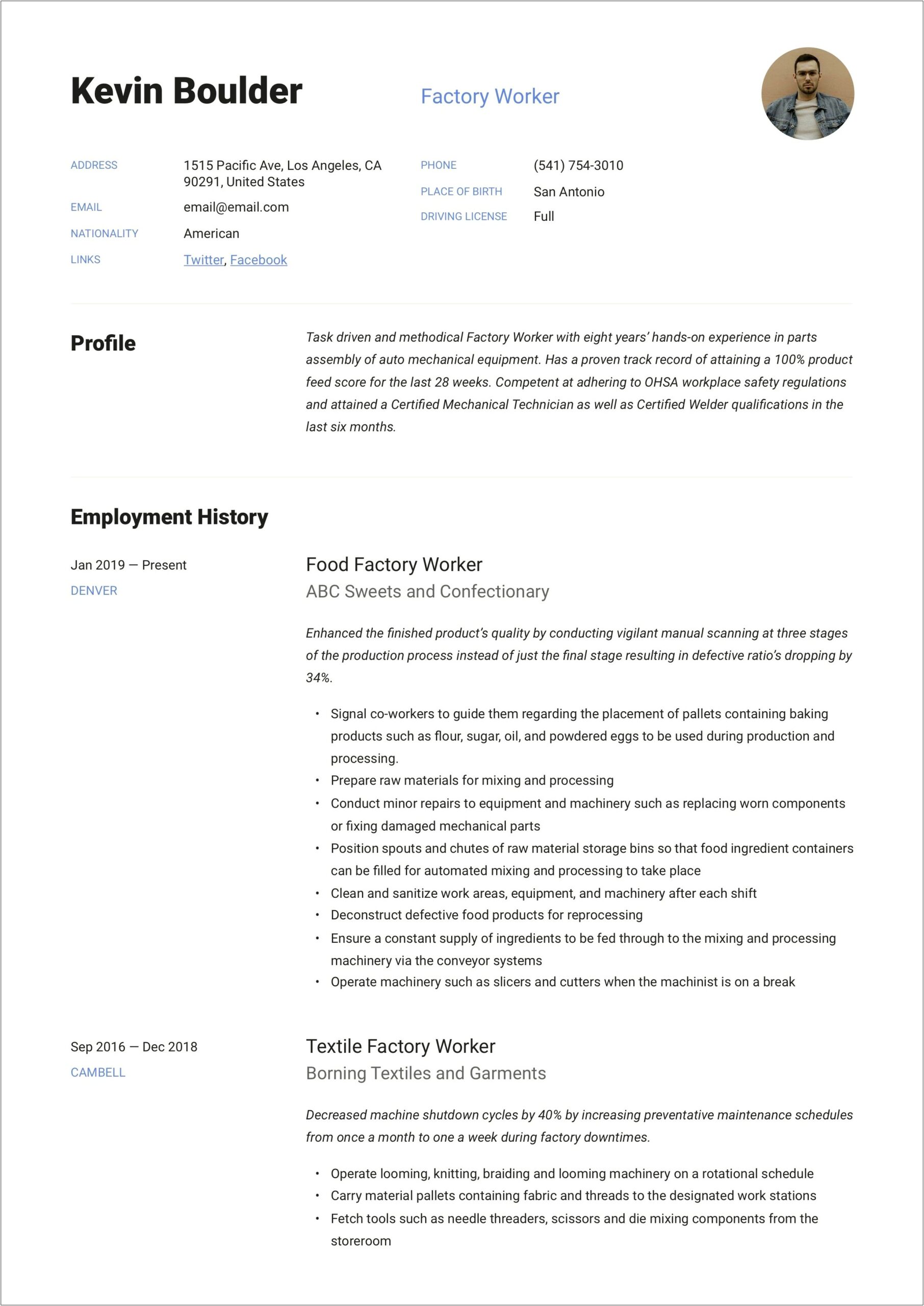 Experience Of Production Worker For Resume