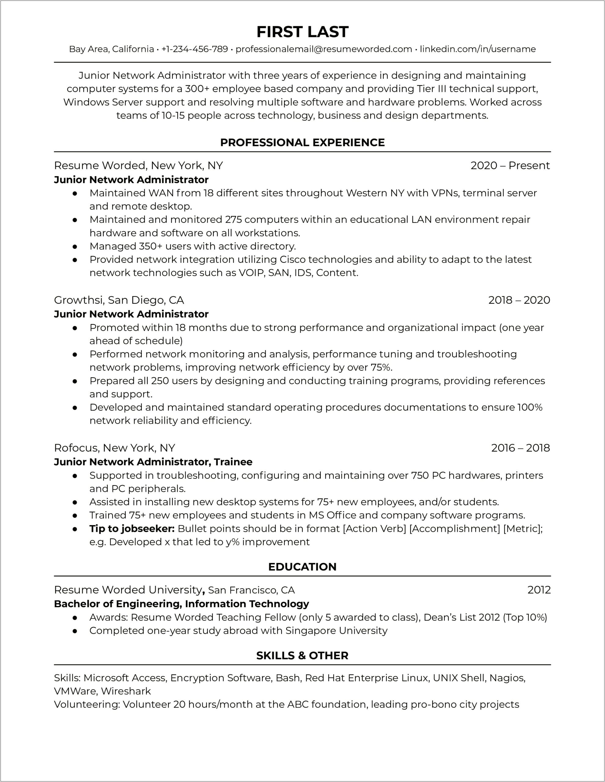 Experience Resume For Windows Server Administrator