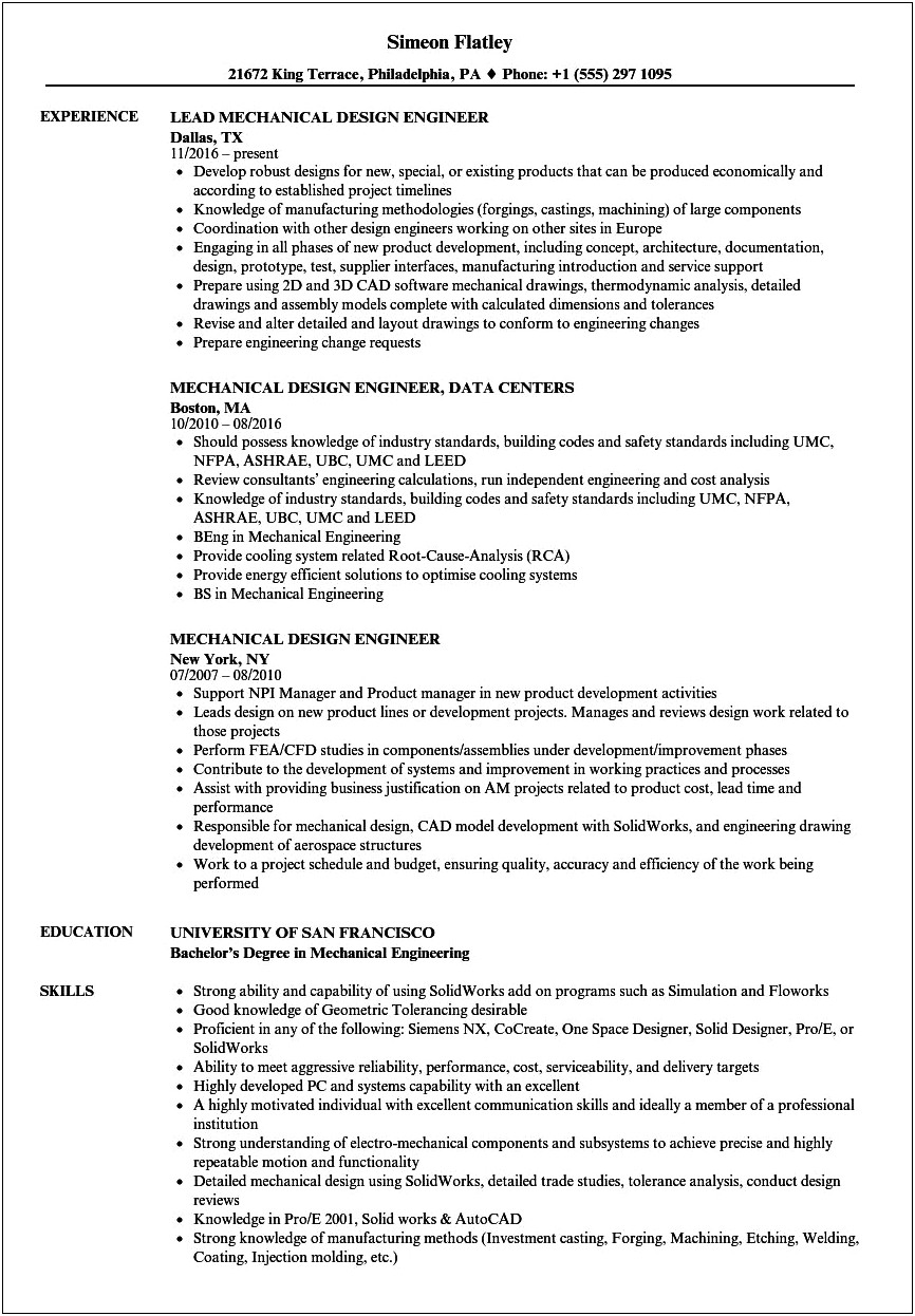 Experience Resume Format For Mechanical Design Engineer Pdf