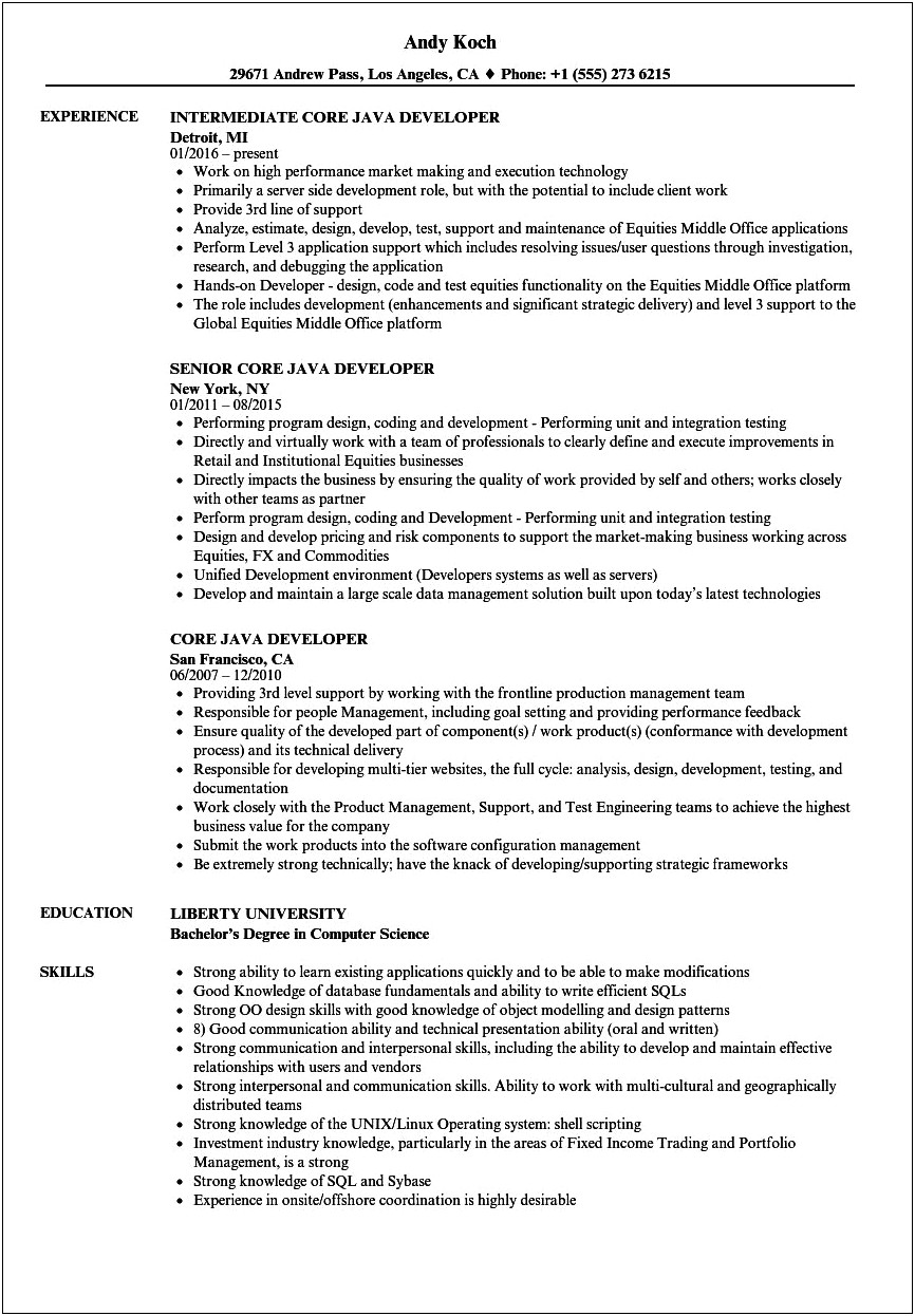 Experience Resume Format One Year Experience Java