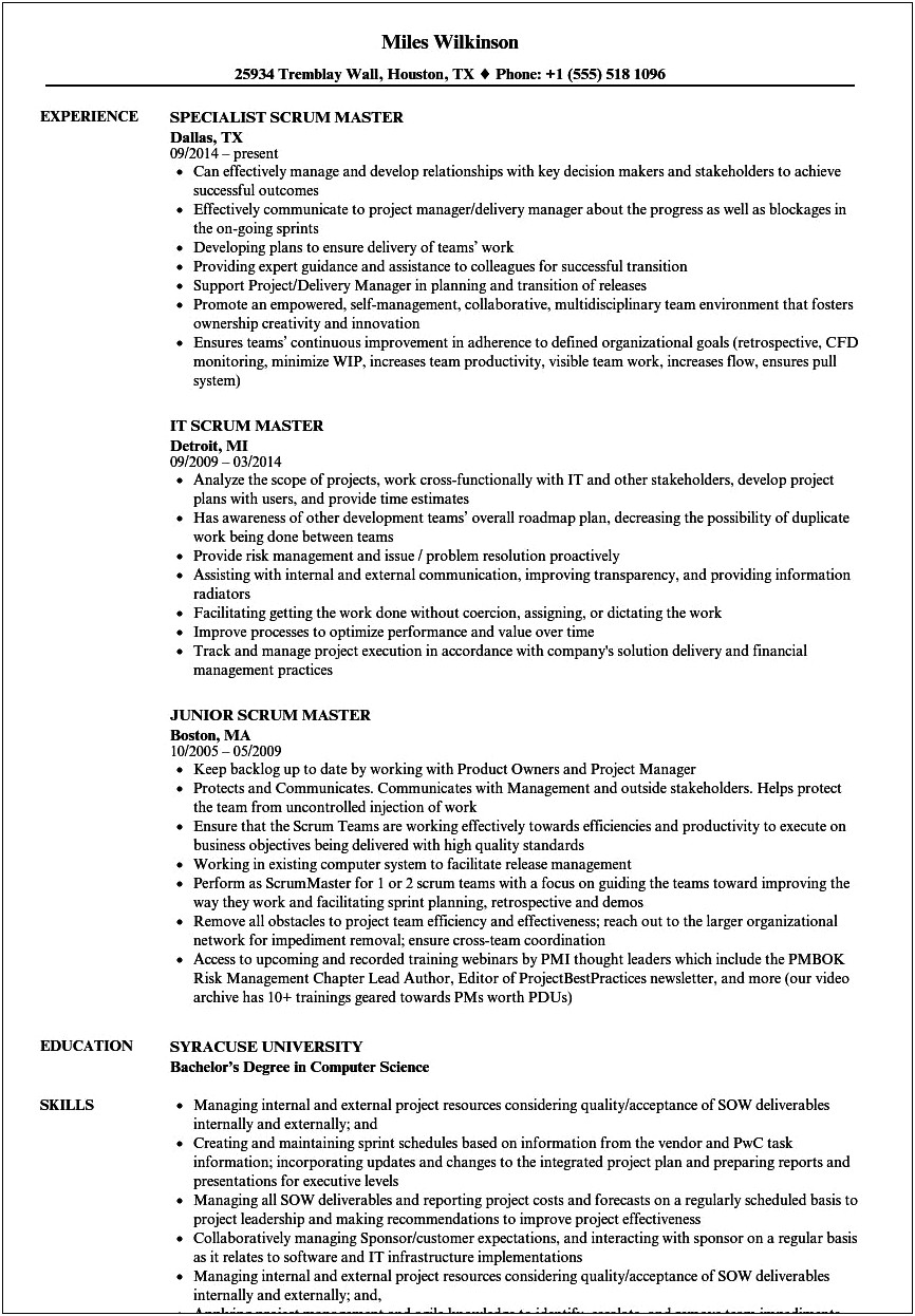 Experience Working In Agile Environment Resume