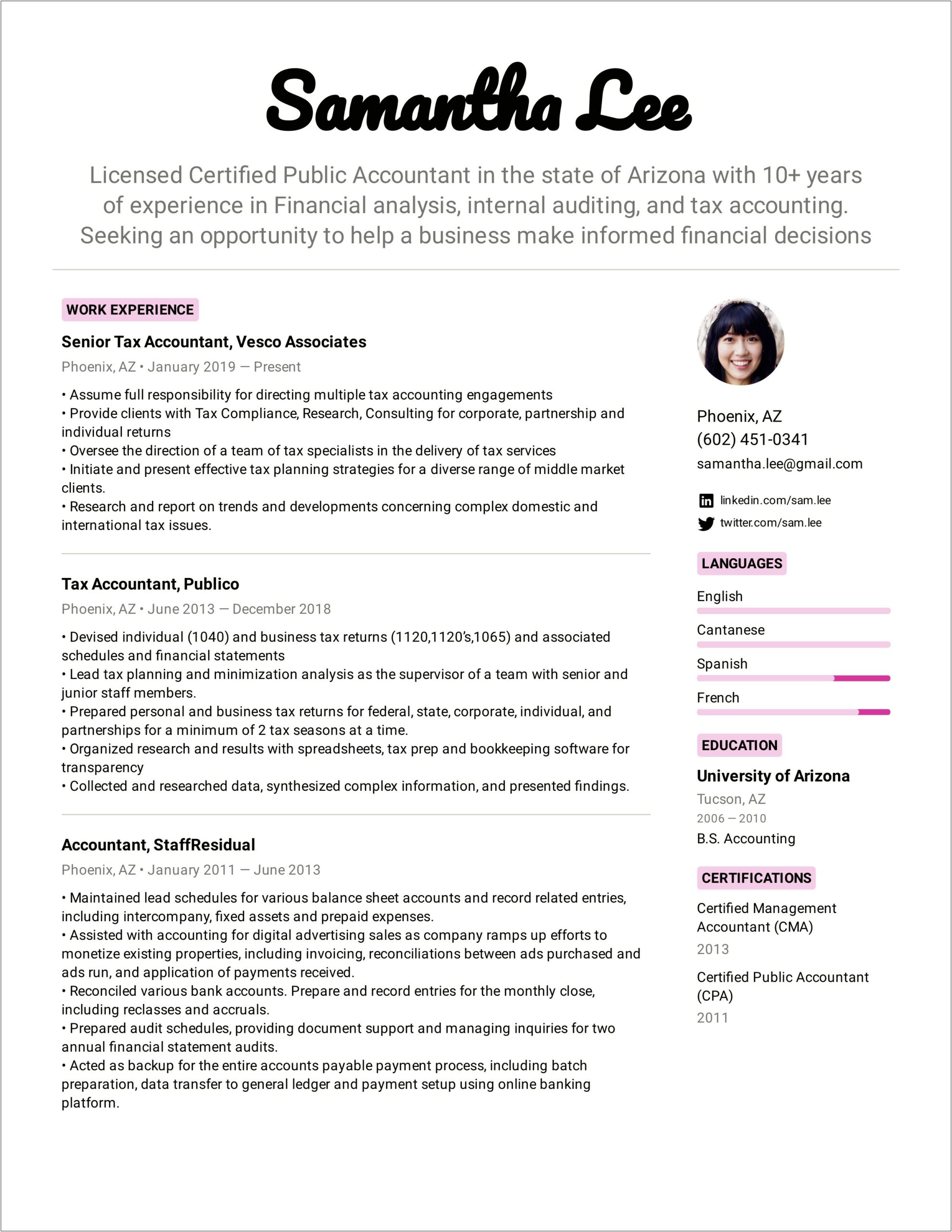 Experienced Senior Audit Assoate Resume Example