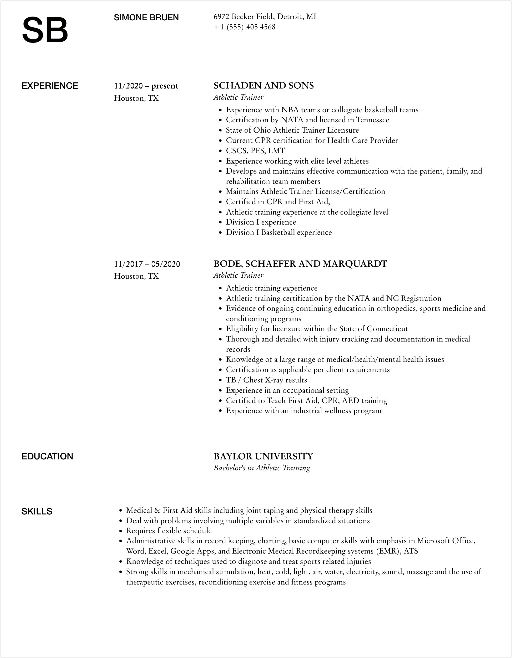 Experiencedathletic Trainer Resume Examples 30 Yrs Experience