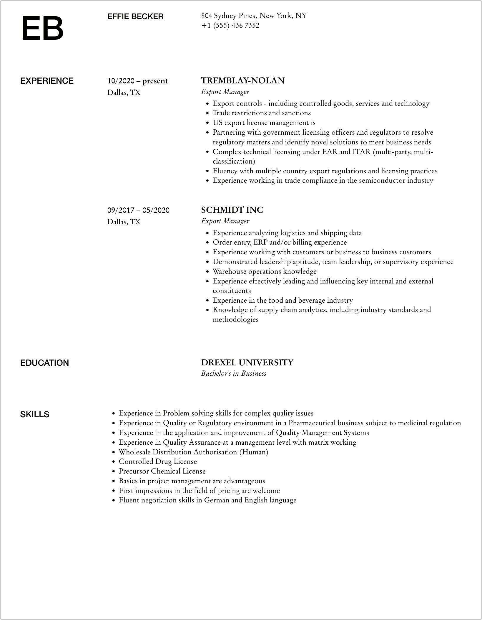 Export Manager Accomplishments In A Resume Objectives