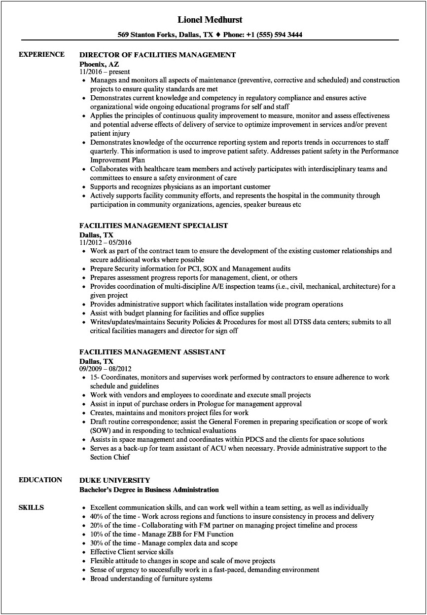 Facility Management Job Description For Resume