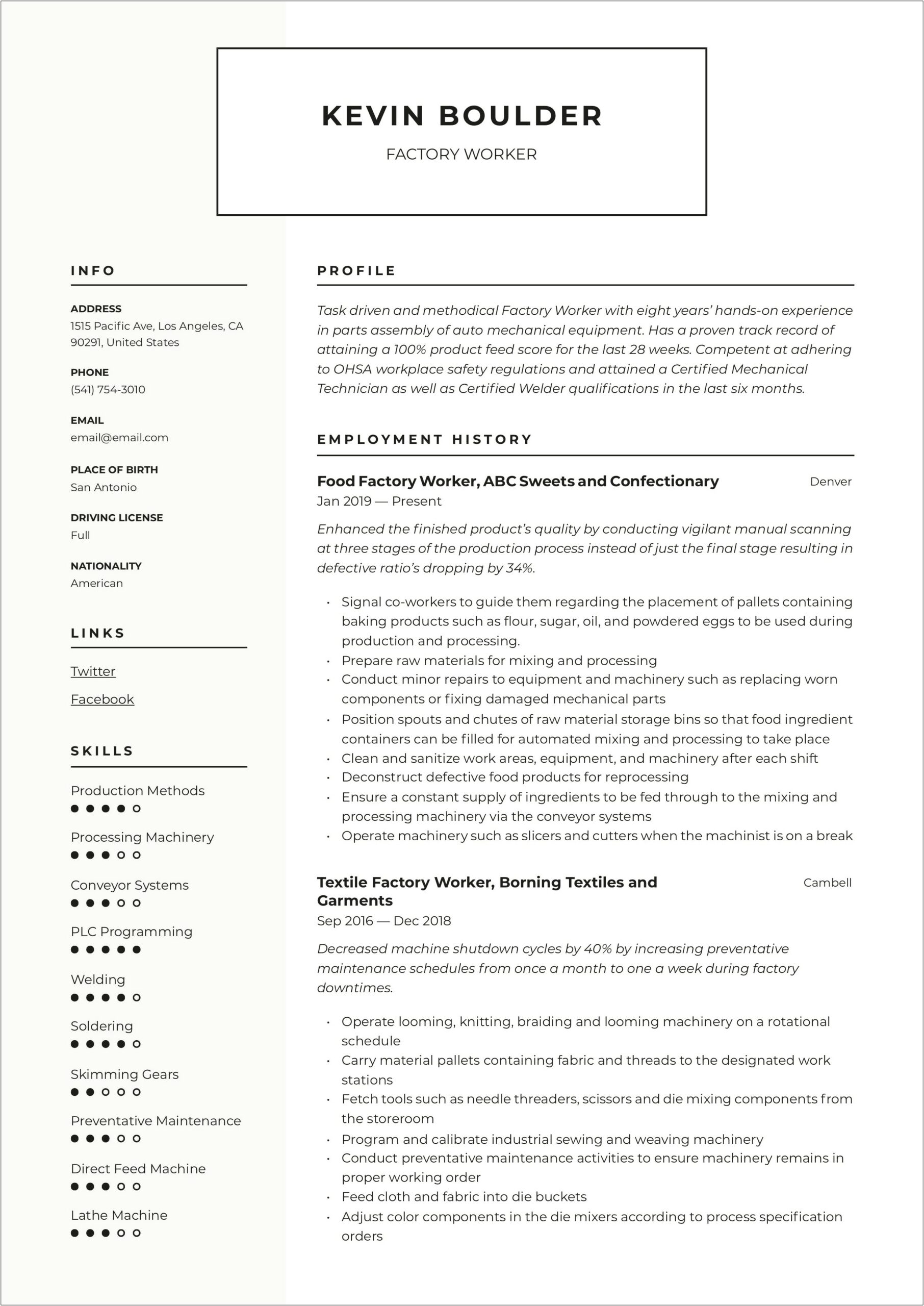 Factory Worker Resume Examples No Experience