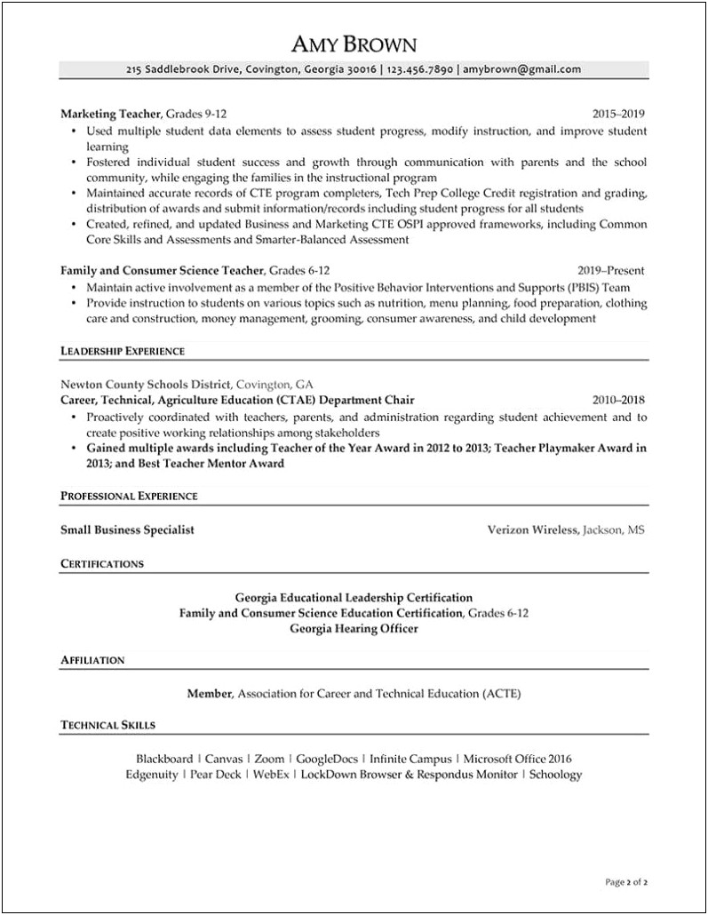 Family And Consumer Science Teacher Resume Example