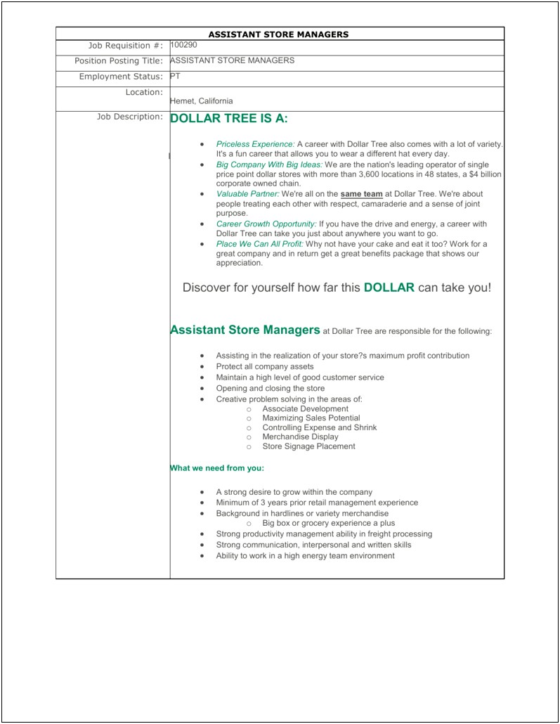 Family Dollar Assistant Manager Job Description Resume