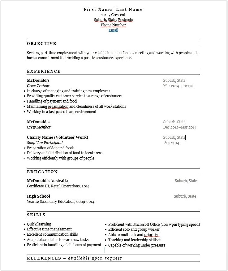 Fast Food Job Description For Resume