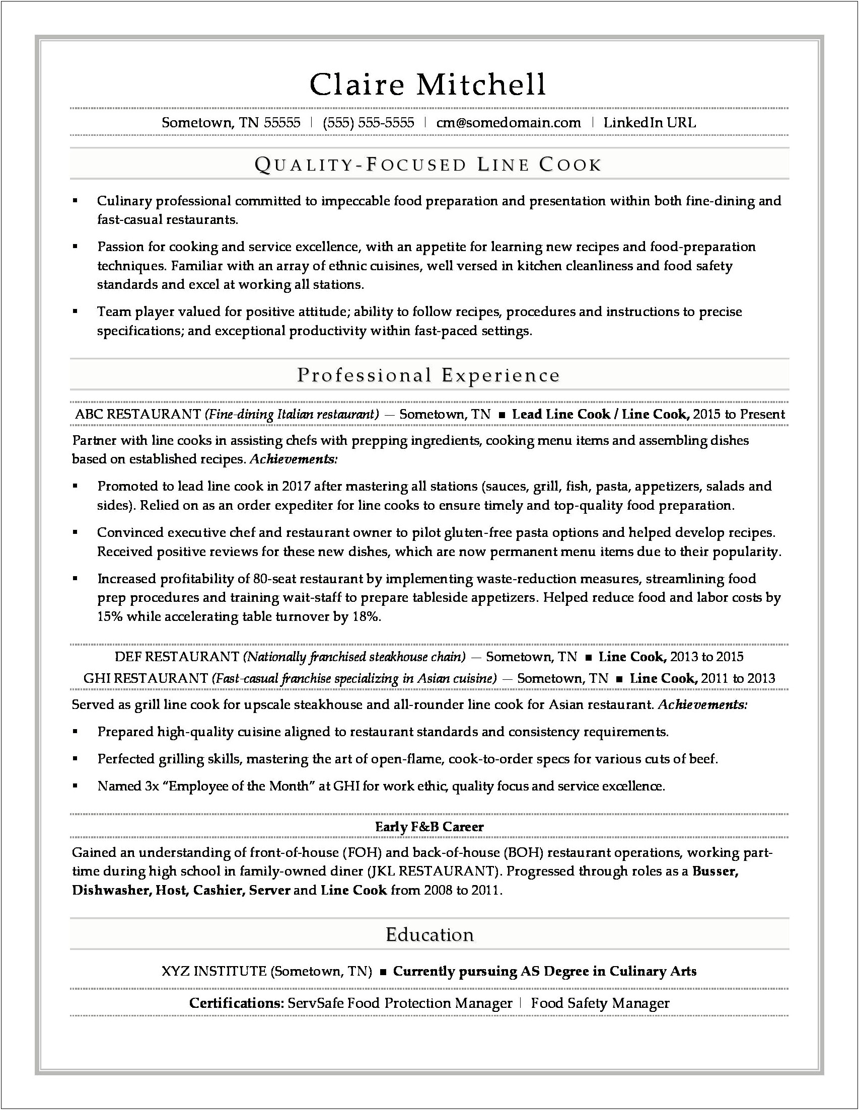 Fast Food Manager Objectives For Resume