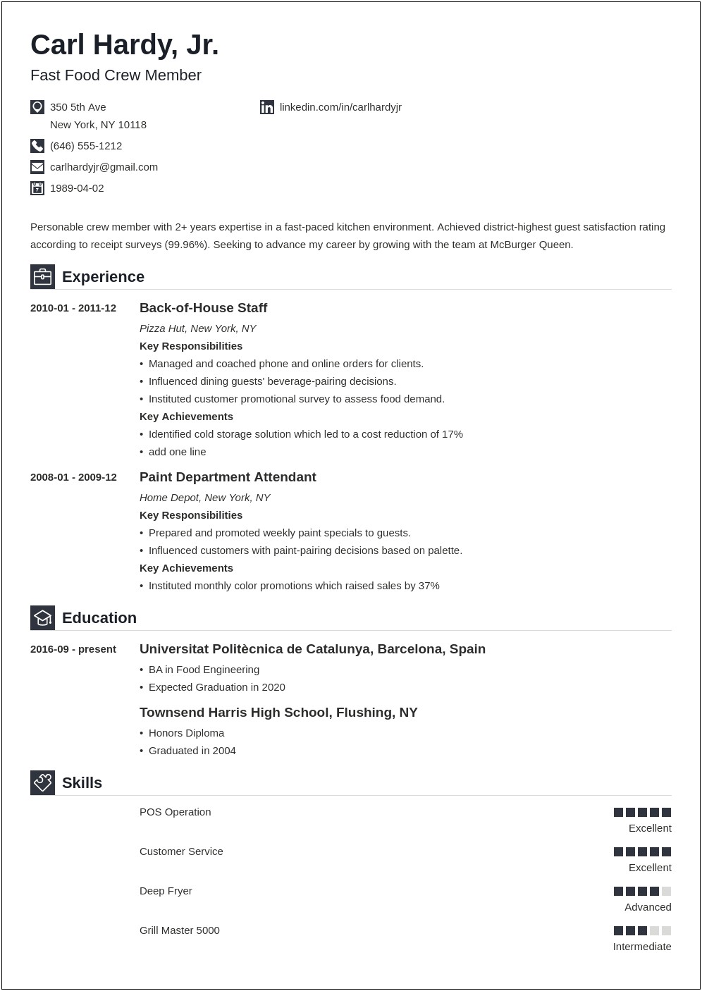 Fast Food Resume No Experience Template