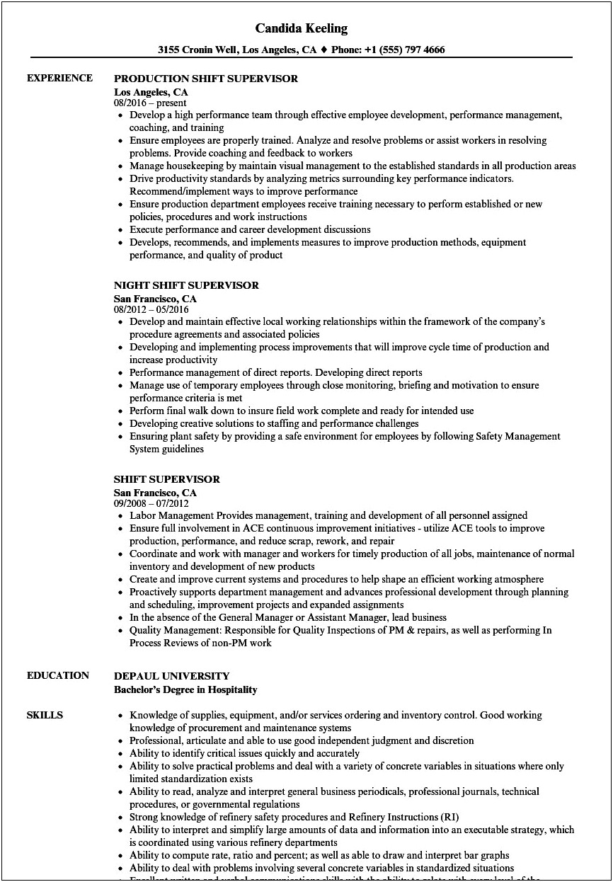 Fast Food Shift Leader Job Description Resume
