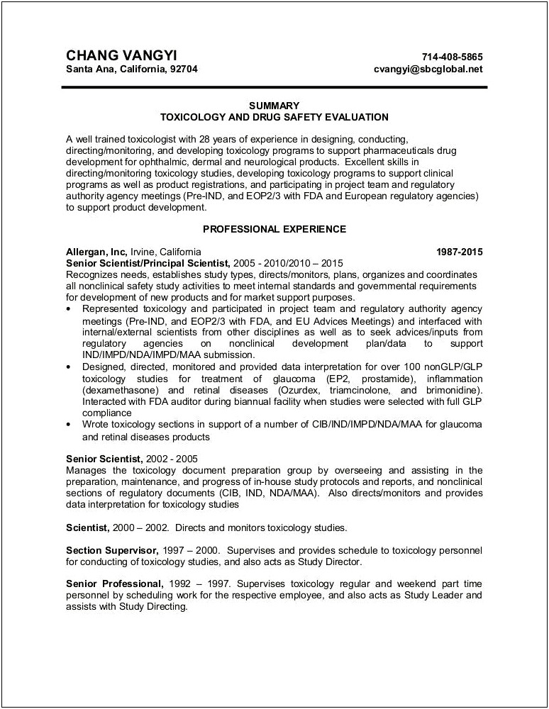 Fda Biologist Position Summary Of Qualifications For Resume