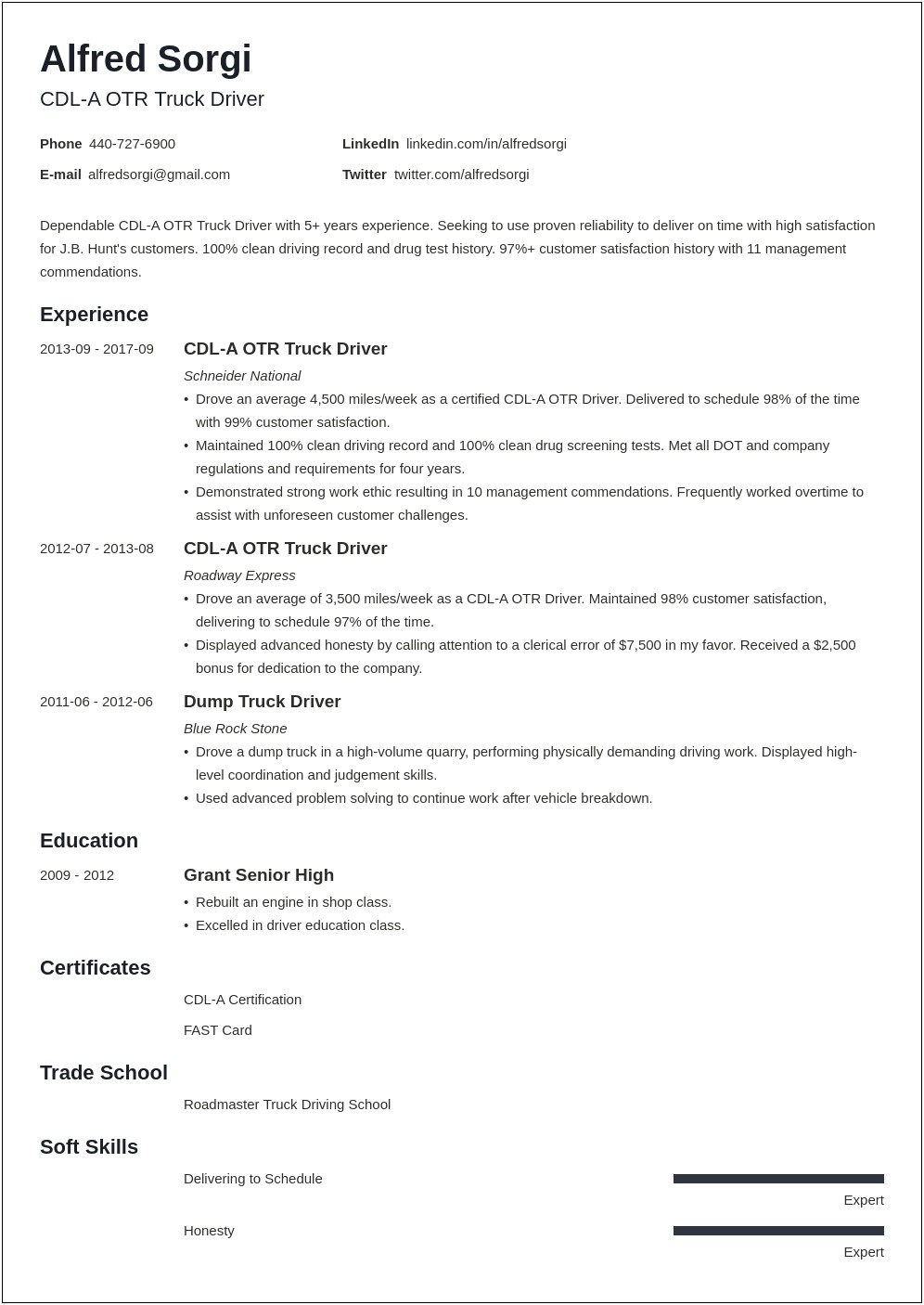 Fed Ex Delivery Driver Resume Sample